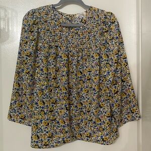 PLEIONE PEASANT BLOUSE YELLOW FLORAL PRINT BELL SLEEVE SCOOP GUSSETED FRONT BOHO